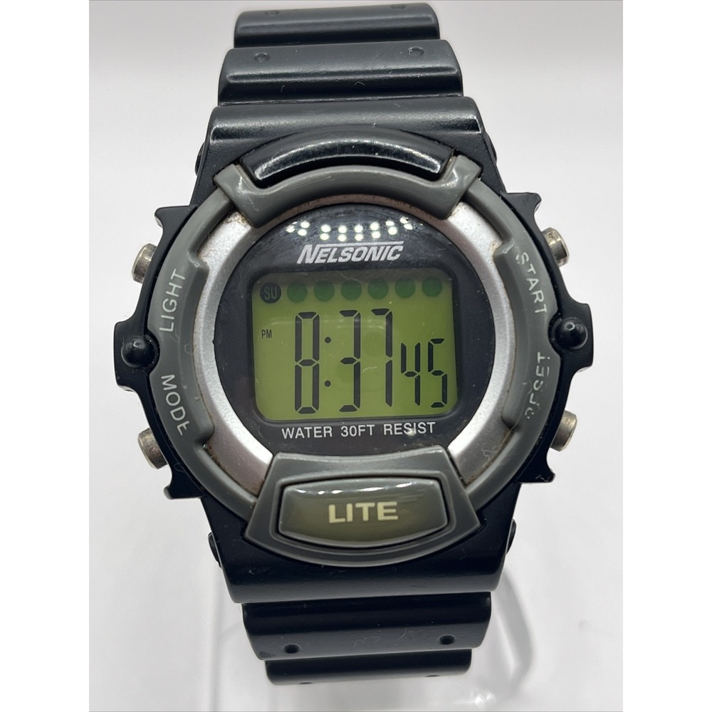 Mens‎ Vintage Nelsonic Digital Watch Black Resin Band- New Battery